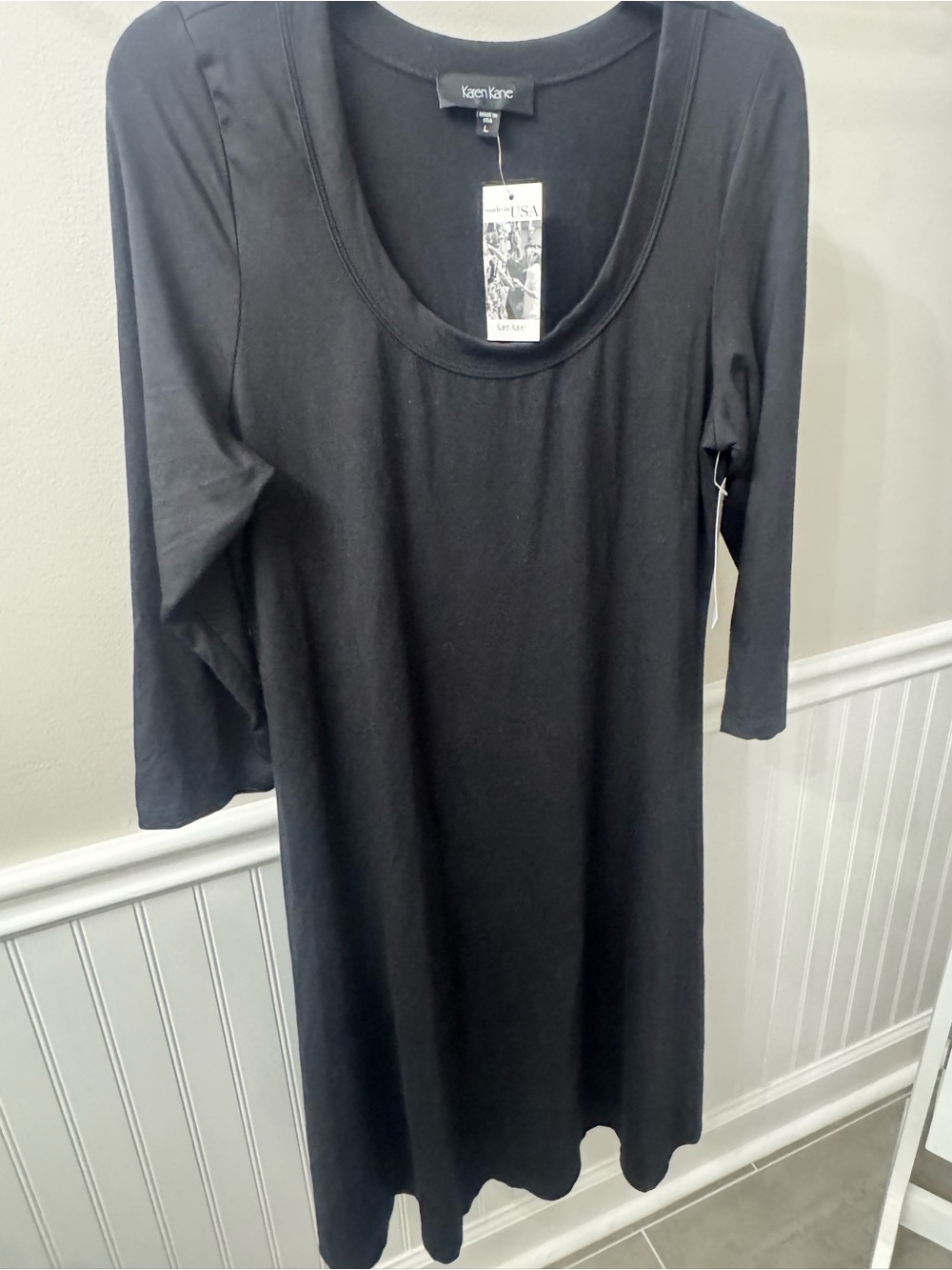Karen Kane L14174 Black 3/4 Sleeve A-Line Dress NWT Large Made USA $89